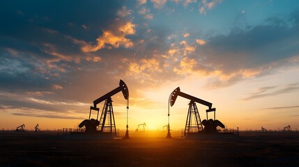 Silhouetted oil pumpjacks against a vibrant sunset sky with a financial chart overlay symbolizing the intersection of energy production and financial markets
