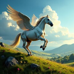 Fototapeta premium Winged horse glides effortlessly above rolling hills, horse, natural