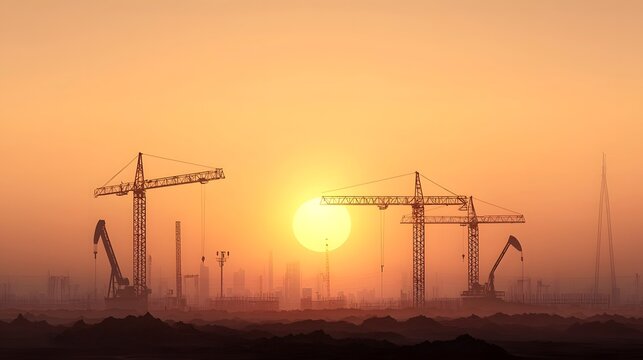 A silhouetted cityscape of construction cranes and industrial is depicted against a vibrant sunset with a forex chart symbolizing the growth and finance sectors