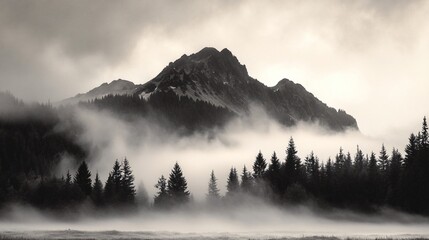 Misty mountain range shrouded in a grayscale landscape.