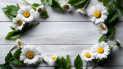 Obraz premium Top view floral frame on white wooden background flatlay flower border for minimal botanical poster design