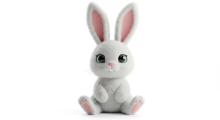 Adorable fluffy white bunny rabbit with big green eyes sitting upright on a white background perfect for Easter cards, spring promotions, and children's illustrations