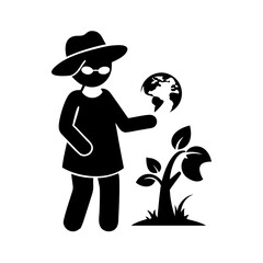 A cartoon person wearing a hat and glasses is holding the Earth