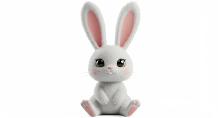 Obraz premium Adorable fluffy white bunny with big eyes sitting upright, perfect for Easter greetings, spring designs, and children's illustrations. A cute animal character with charm.