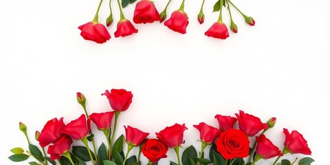 Vibrant red desert roses arranged in a frame against a pure white backdrop, background, plant