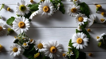Fototapeta premium Top view floral frame of white daisies on wooden background minimal botanical poster for natural flower mockup