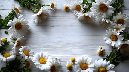 Fototapeta premium Top view floral frame on white wooden background flatlay flower border for minimal botanical poster design