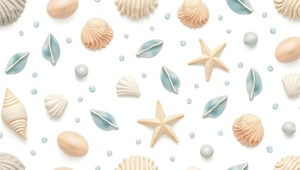 Obraz premium Flat vector pattern of seashells, coral fragments, and ocean bubbles in soft pastel blue and beige tones, scattered evenly on a solid white background for a beachy minimalist design.