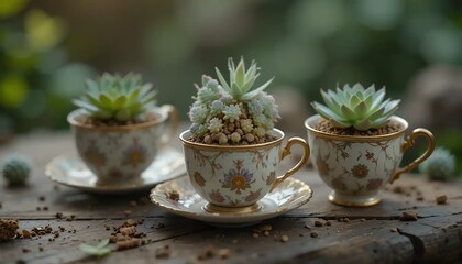 Planting Succulents in Decorative Tea Cups as Garden Decor
