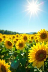 Vibrant sunflower field under bright summer sunlight, yellow blossoms in full bloom, sunlight, yellow, field