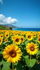 Fototapeta premium Vibrant sunflowers field with blue sky backdrop on Kauai island, farm, landscape