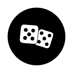 Two white dice with pips on a black circular background