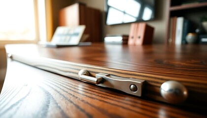 close up of a wooden drawer with a metal handle