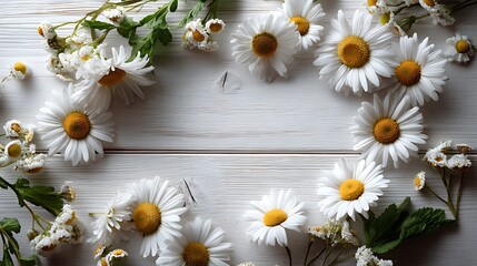 Fototapeta premium Top view floral frame with white wooden background flatlay flower border and center space layout for minimal botanical poster
