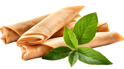 Crispy Spring Rolls With Mint Leaves Isolated Background Illustration