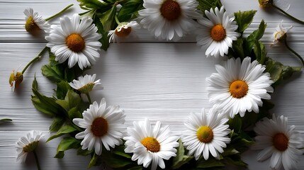 Obraz premium Top view floral frame on white wooden background flatlay flower border with center space layout for minimal botanical poster