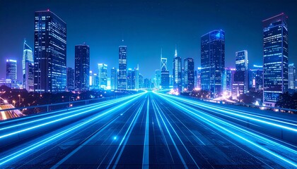 Fototapeta premium Futuristic Cityscape At Night Blue Highway Leading To A Bright Skyline