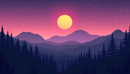 A serene mountain landscape at twilight, featuring a vibrant sunset.