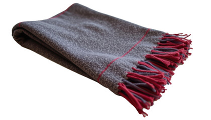 A cozy gray blanket with red fringe