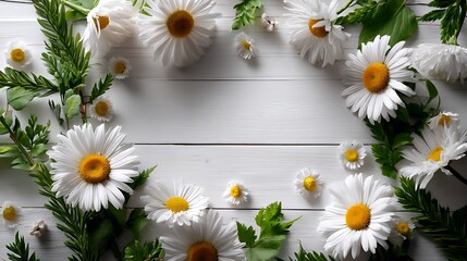 Fototapeta premium Top view floral frame on white wooden background minimal botanical poster with flower wreath layout in center space