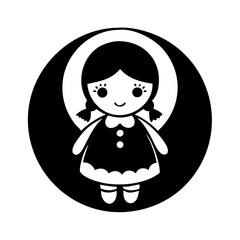 A charming monochrome illustration of a girl doll in a round frame