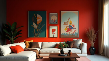 Modern Living Room Interior With Sofa Plants Coffee Table And Empty Wall