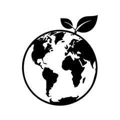 Black and white graphic of the Earth with two green leaves