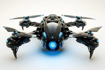 Futuristic, black drone with glowing blue accents. Advanced, high-tech design,  powerful, stealthy