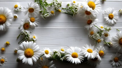 Fototapeta premium Top view floral frame on white wooden background flatlay flower border for minimal botanical poster concept