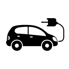 Black silhouette icon of electric car with the charging plug attached