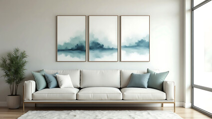 Modern Living Room Interior With Sofa Plants Coffee Table And Empty Wall