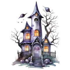 spooky haunted house cute watercolors illustration on white background