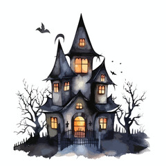 spooky haunted house cute watercolors illustration on white background