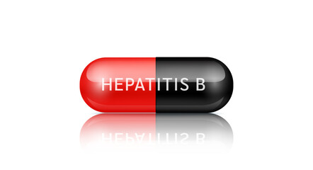 Medical pill Hepatitis B infectious disease. Capsule drug red black painkiller, antibiotic isolated on white background. Medical pharmaceutical and treatment concept. 3d realistic vector.