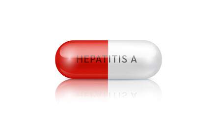 Medical pill Hepatitis infectious disease. Capsule drug red white painkiller, antibiotic isolated on white background. Medical pharmaceutical and treatment concept. 3d realistic vector.