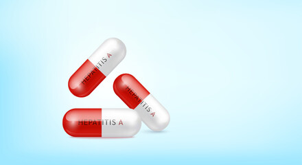 Medical pill Hepatitis infectious disease. Capsule drug painkiller, antibiotic falling isolated on blue background with copy space for text. Medical treatment concept. 3d realistic vector.