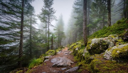 Fototapeta premium mountain trail surrounded by pine trees and wet moss-