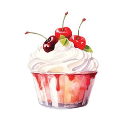 sundae topped with whipped cream cute watercolors illustration on white background