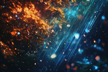 Fototapeta premium Abstract cosmic art with orange and blue hues, light streaks, and bokeh effects creating a vibrant, dreamy atmosphere.