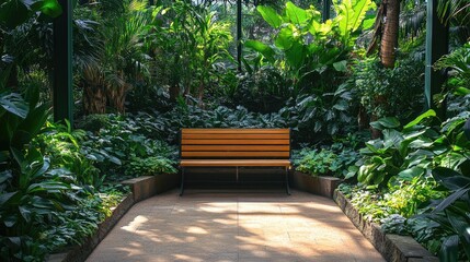 Tranquil indoor garden with bench surrounded by lush foliage, creating a calm and serene environment