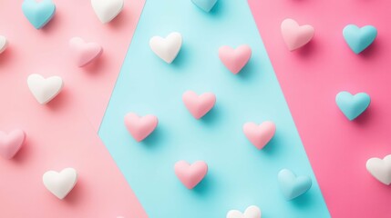 Obraz premium Pastel candy hearts on a pink, blue and pink geometric background