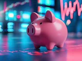 Piggy bank on financial charts depicting market volatility and savings
