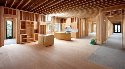 Wooden framing evolves into sleek kitchen cabinetry, blending raw structure with modern design in a diagonal composition.
