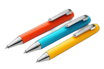 colored pens - blue, red, and green, standing upright. Isolated on transparent background.
