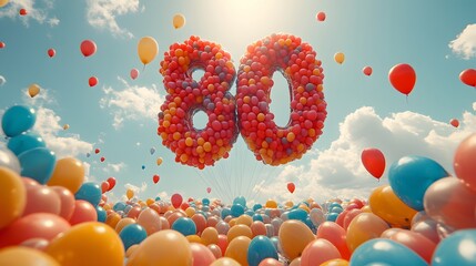 Number 80 Balloons in Sky Celebration