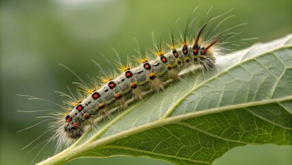 Macro View of a Caterpillar on a Leaf, Showcasing Intricate Fine Hairs and Segmented Patterns in Detailed Close-Up