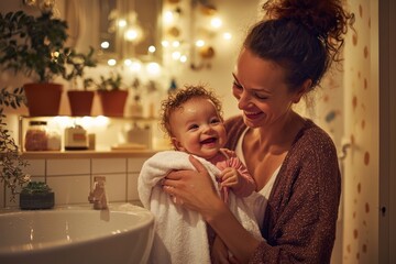 A warm bathroom filled with the smell of baby soap. A mother is tickling her newbornâ€™s tummy as she dries them with a towel. The mood is happy and light