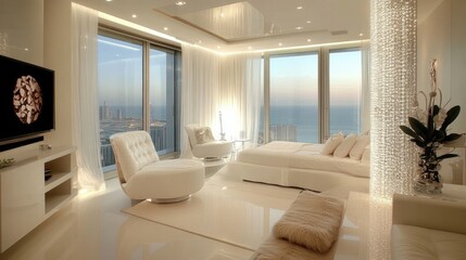 Modern studio apartment with white furniture and luxury design