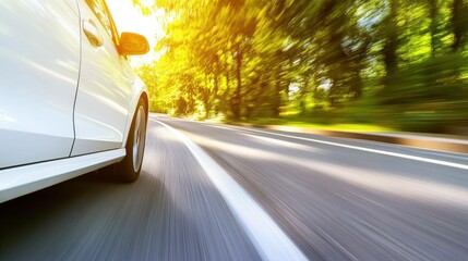 Fototapeta premium A white car speeds along a road surrounded by trees on a sunny day.