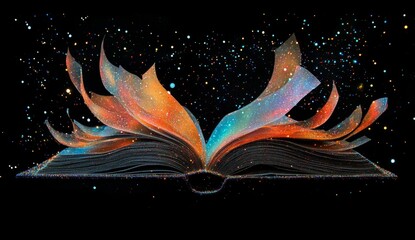Open book with vibrant, swirling pages, surrounded by stardust and glitter